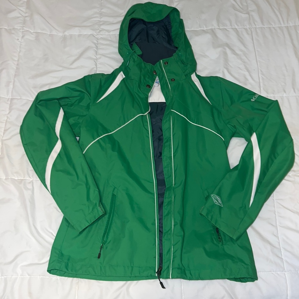 Green Columbia waterproof, breathable jacket.